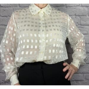 Vintage 80's Sheer Cream Colored Blouse with Satin and Gold Threaded Details